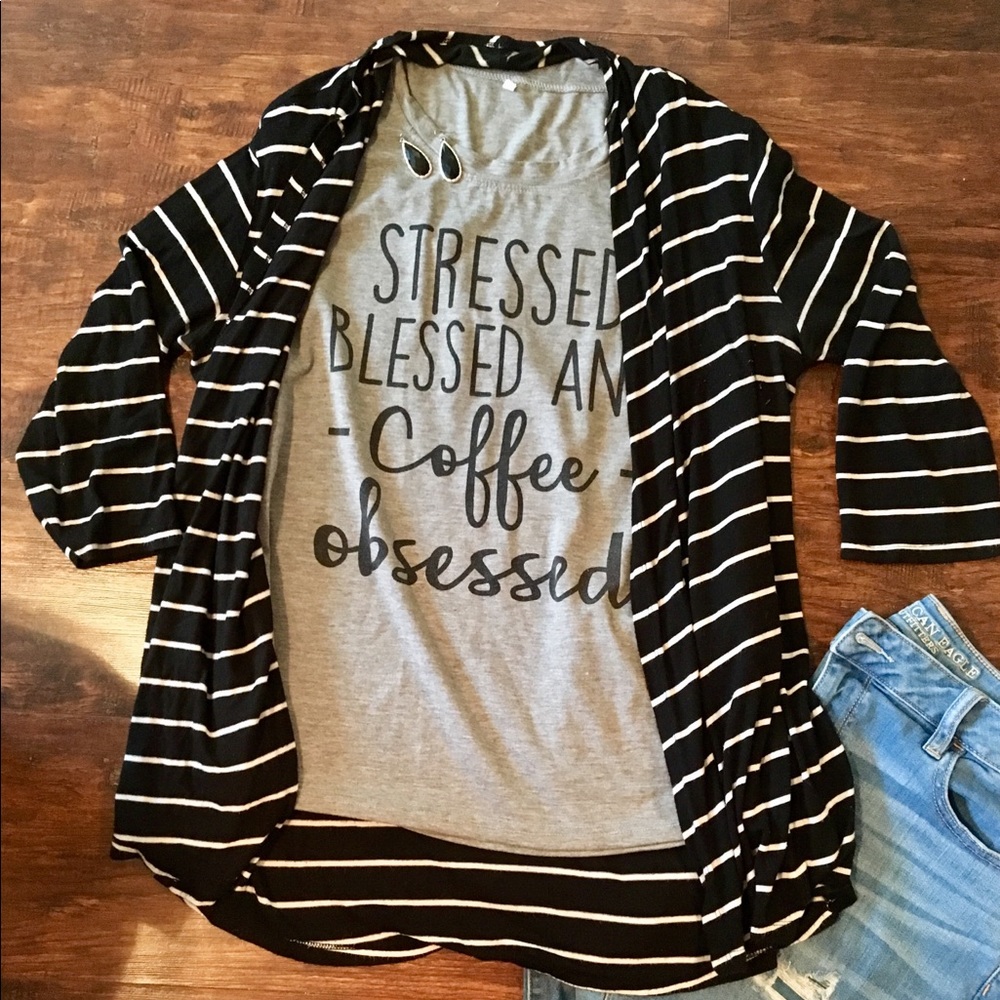 Coffee Tee w/Black/White Striped Cardigan Outfit